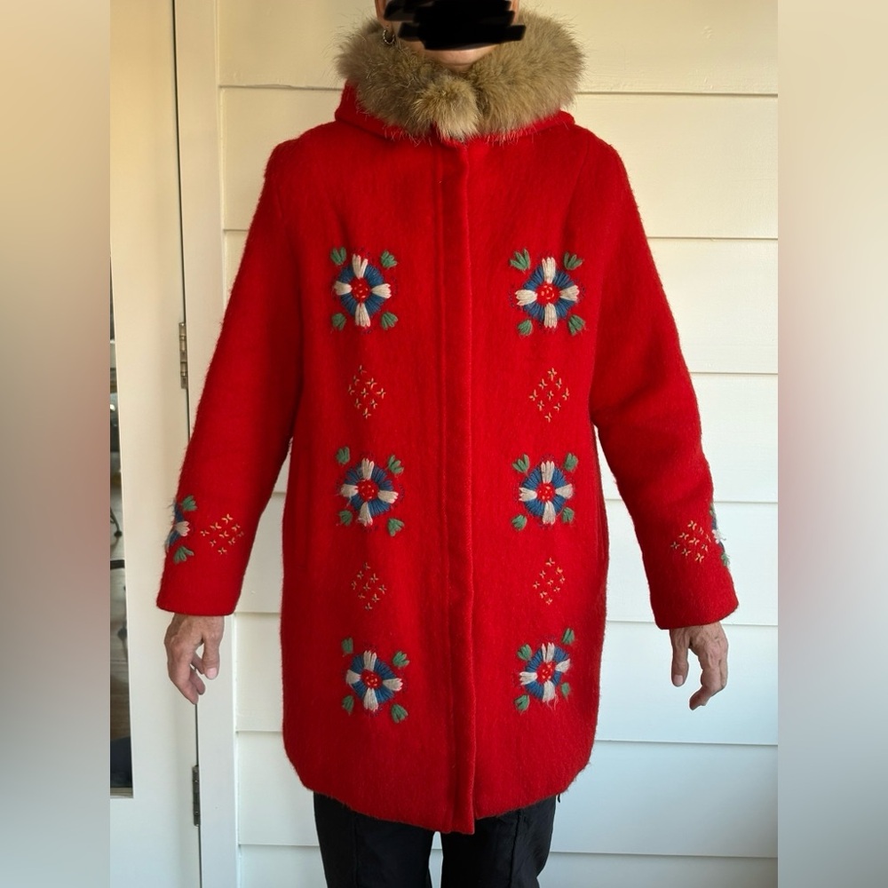 Rare Hudson's Bay Co. red wool women's M coat w/embroidery and fur trimmed hood
